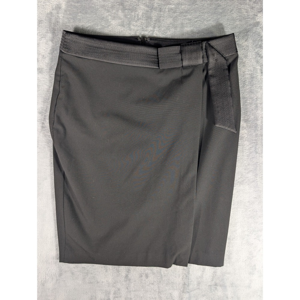 Ann Taylor Womens 10 Black Faux Wrap Pencil Skirt Satin Trim Tie Waist Career
